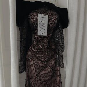 Tarik Ediz Black and Nude Long Sleeve Dress